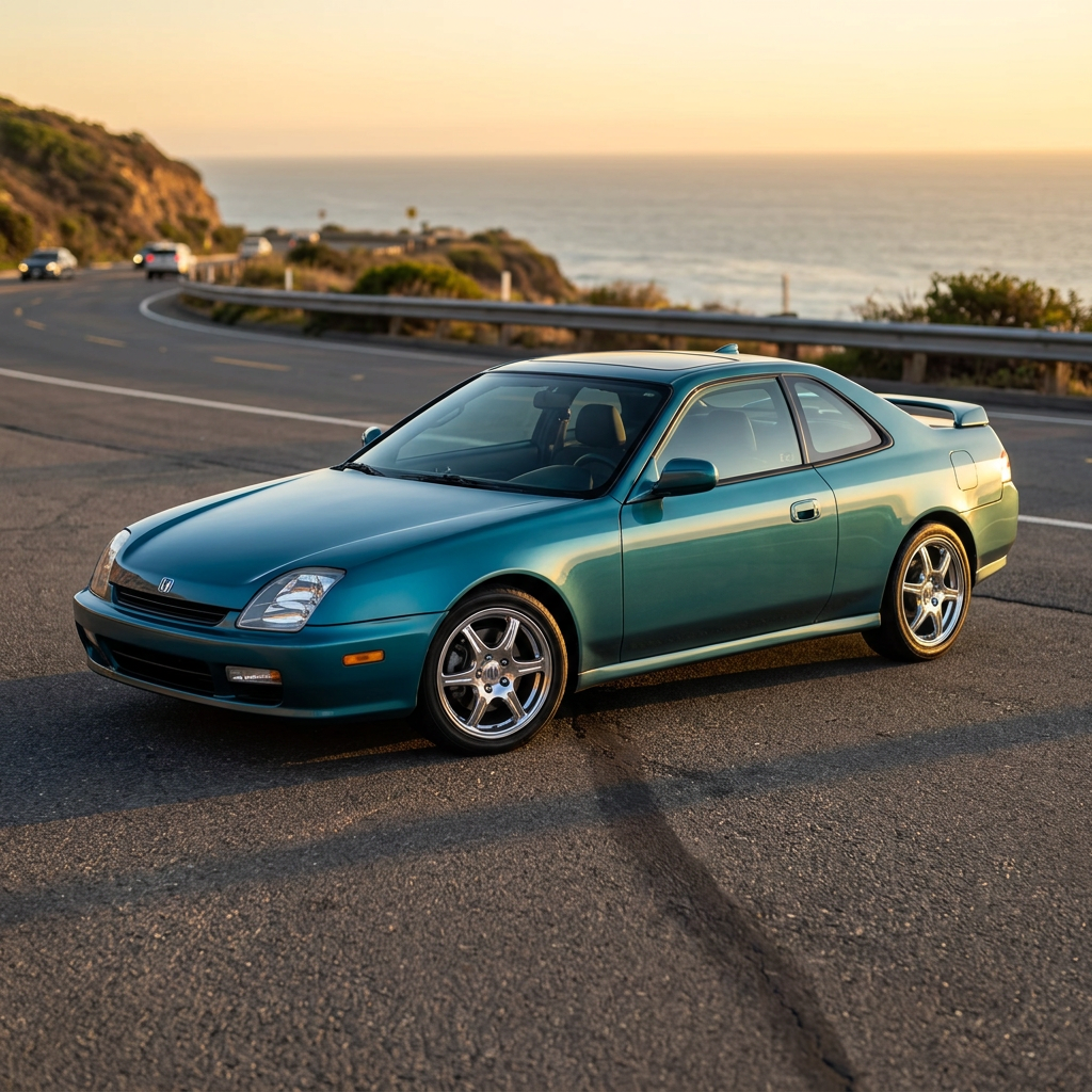 The same car rendered life-size on a coastal road at sunset