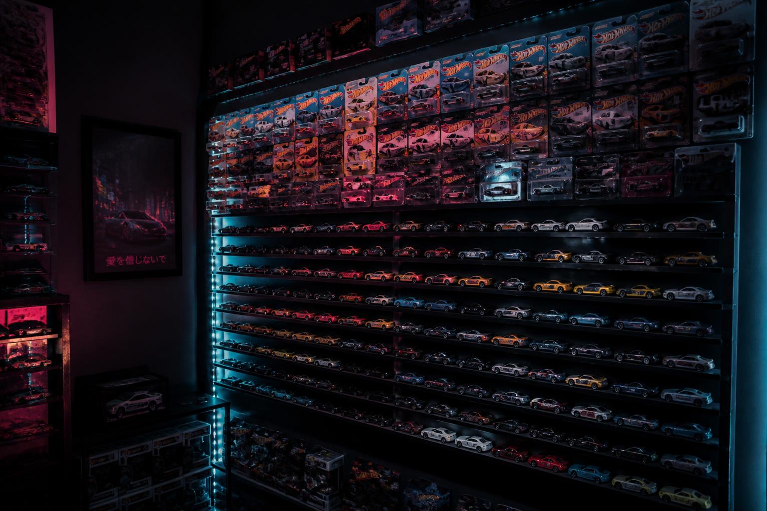 A wall of display shelves packed with diecast cars under neon lighting